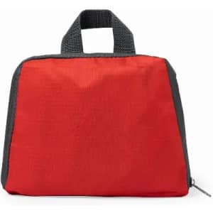 A red lunch bag with a grey handle, featuring a simple, minimalist design. It has a zippered closure.