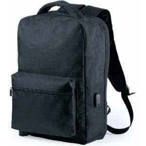 A black backpack with a front pocket and adjustable straps, featuring a sturdy handle on top.
