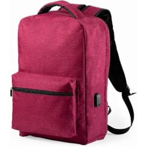 A maroon backpack with a front pocket, padded straps, and a top handle. It features a logo on the front.