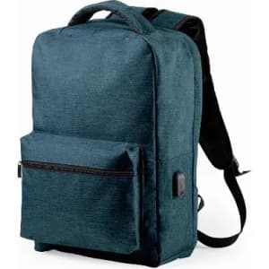 A teal backpack with a front pocket and two shoulder straps. It has a sleek, modern design.