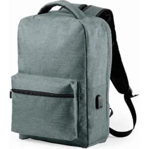 A green backpack with a front pocket and padded shoulder straps, featuring a handle on top and a logo.