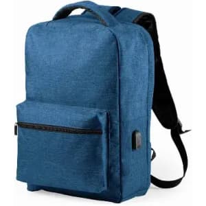A blue backpack with a front pocket and shoulder straps, featuring a simple, modern design.