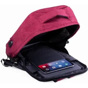 A maroon tablet case with an open flap revealing a tablet and padded interior for protection. It has a logo on the exterior.