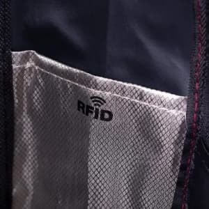 A close-up of a fabric pocket featuring an RFID lining, with a textured inner surface. The colour scheme is dark and light.