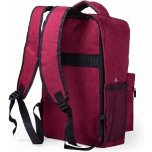 A burgundy backpack with black straps and a side pocket, featuring a top handle for carrying.