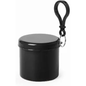 A black cylindrical container with a lid and a clip attachment for easy carrying.
