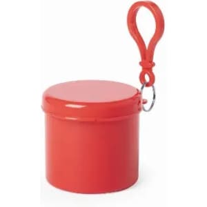 A red cylindrical container with a looped handle for easy attachment, featuring a secure lid.