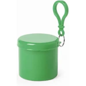 A green container with a lid and a loop attachment, featuring a shiny finish.
