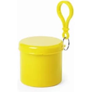 A yellow container with a lid and a keychain loop, featuring a solid cylindrical design.