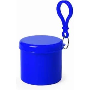 A blue cylindrical container with a lid and a looped attachment for easy carry.