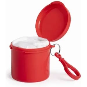 A red drink bottle with a white lid, featuring a keychain attachment. It has a round shape and a smooth finish.