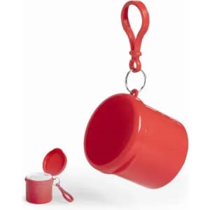 A red promotional drink bottle with a clip, featuring a removable lid. It has a glossy finish and a compact design.