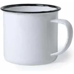 A white enamel mug with a black rim and handle. It has a simple, classic design and features a logo.