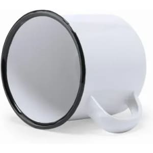 A white mug with a black rim, featuring a handle and a simple design. It has a glossy finish.