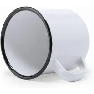 A drink bottle with a white exterior and black rim, featuring a handle and a rounded design.