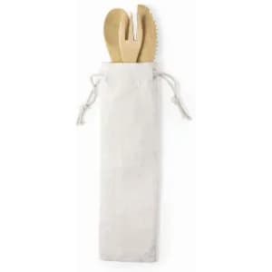 A set of bamboo utensils featuring a fork and knife, placed inside a white fabric pouch.