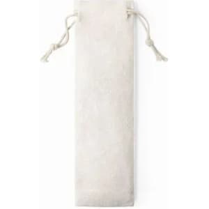 A drink bottle in a light beige fabric bag with drawstrings. The bag has a soft texture.