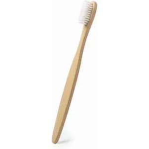 A wooden toothbrush with a soft-bristled white head, featuring a sleek, natural finish.