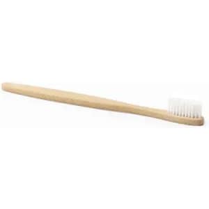 A bamboo toothbrush with a long, slender handle and soft white bristles. It features a natural wood finish.