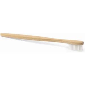 A wooden toothbrush with soft bristles, featuring a long handle and a natural wood finish.