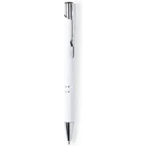 A pen with a white barrel and silver accents, featuring a clip and a smooth tip.