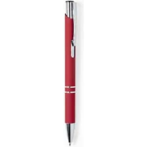 A red pen with a silver clip and detailing. It has a smooth finish and a sleek design.