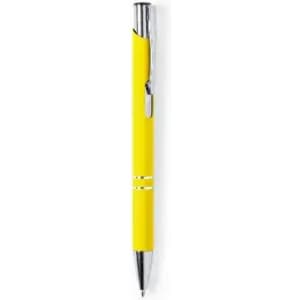 A yellow pen with a chrome accent and clip, featuring a sleek design and shiny finish.
