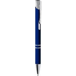 A pen with a blue barrel and chrome accents, featuring a clip and decorative rings near the tip.