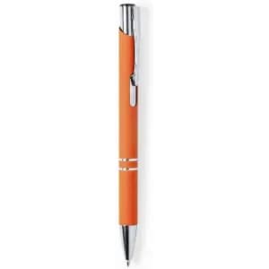 An orange pen with a chrome clip and silver accents. The pen features a sleek, smooth design.