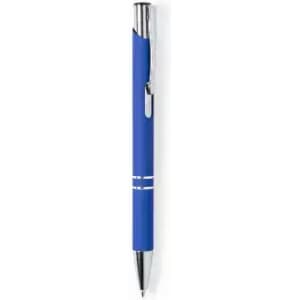 A blue pen with a silver clip and accents. The pen has a smooth design and shiny finish.
