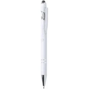 A white pen with a silver clip and a logo featured on the barrel. The pen has a sleek, modern design.