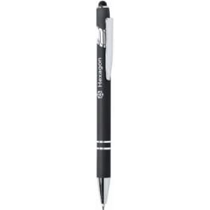 A black pen with a silver clip and accents, featuring a branding logo on the side.