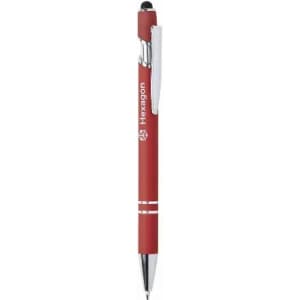 A red pen with a silver clip and detailing, featuring a logo on the barrel.