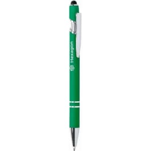 A green pen with a silver clip and an integrated stylus, featuring a logo on the barrel.