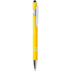 A yellow pen with a chrome clip and a stylus tip, featuring a simple, sleek design and a branding logo.