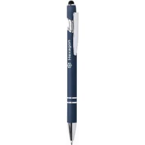 A pen in navy blue with silver accents and a branding logo. Features a sleek, modern design.