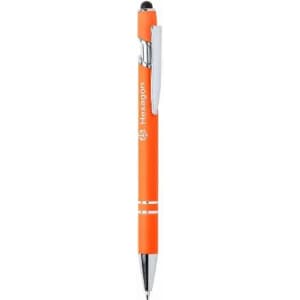An orange pen with a chrome clip and accents, featuring a branding logo.