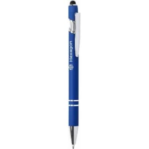 A blue pen with a shiny silver clip and accents, featuring a branding logo on the barrel.