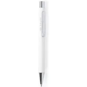 A white pen with a chrome clip and tip, featuring a branding logo on the side.
