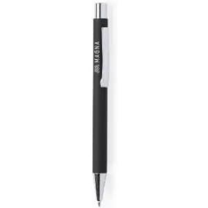 A black pen with a silver clip and a logo on its side.