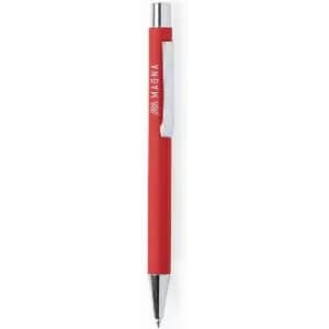 A red pen with a silver clip and a logo on its barrel.