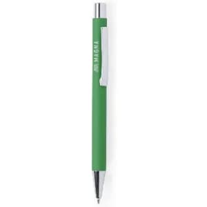 A green pen with a silver clip and branding on the barrel.