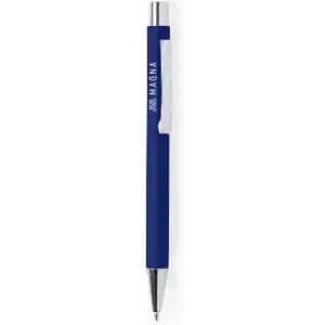 A blue pen with a silver clip and a logo on the barrel.