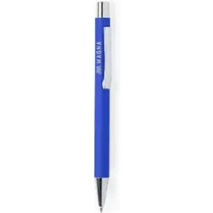 A blue pen with a shiny silver clip and branding on the barrel.