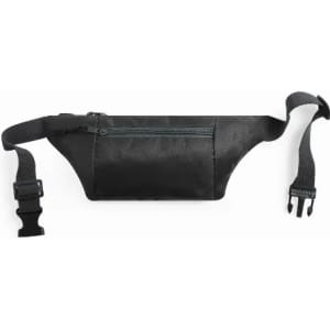 A black waist bag featuring a zippered compartment and adjustable strap. It has a sleek design and a logo.