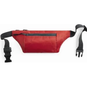 A red waist bag with a zippered pocket and an adjustable black strap. It features a simple design and a logo.