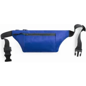 A blue waist bag with a front zip pocket and adjustable strap. Features a logo on the side.