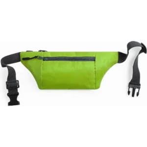 A green fanny pack with a zippered pocket and an adjustable strap. It has a branding logo.