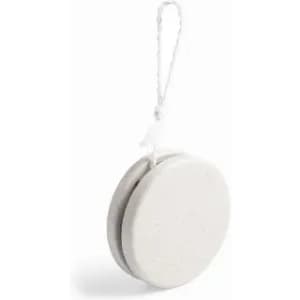 A double-sided sponge in a light grey colour, attached to a white string for hanging.