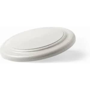 A disc-shaped product in a light grey colour, featuring a simple design and a slight curve at the edges.